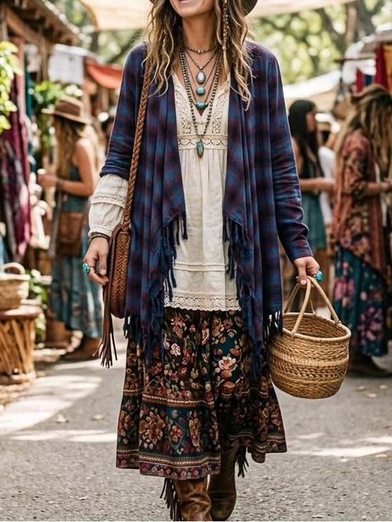 Willow & Clay Tops - Willow & Clay Aria Plaid Fringe Kimono Medium NWOT